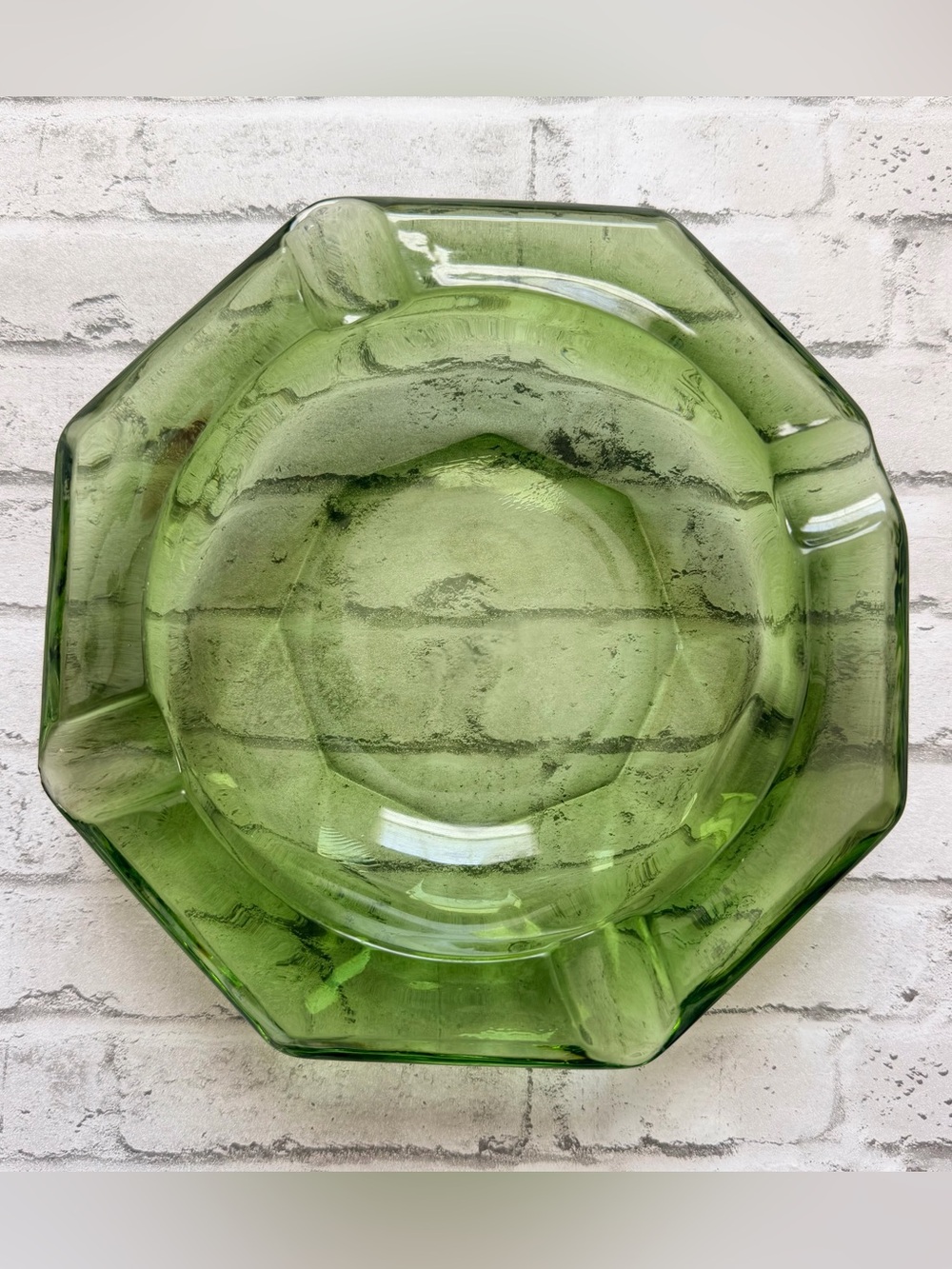 Vintage Green Octagonal Glass Ashtray Trinket Dish